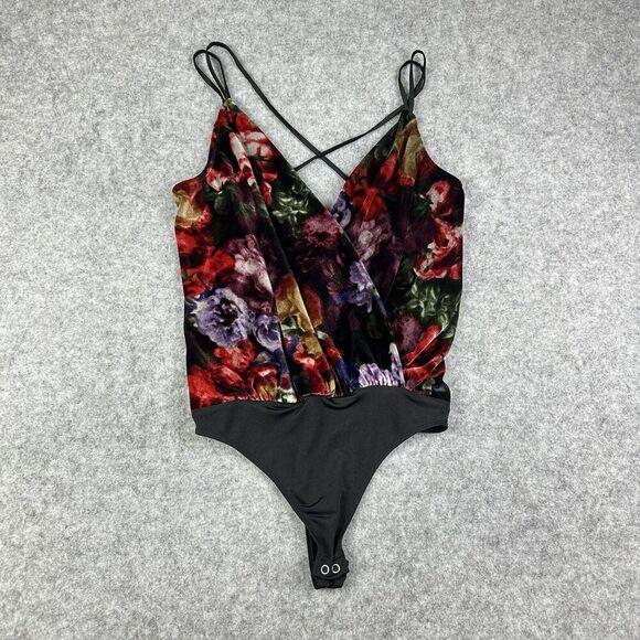 Express Velvet Bodysuit Womens XS Floral Deep V-Neck Colorful Y2K Whimsigoth* - Picture 1 of 14